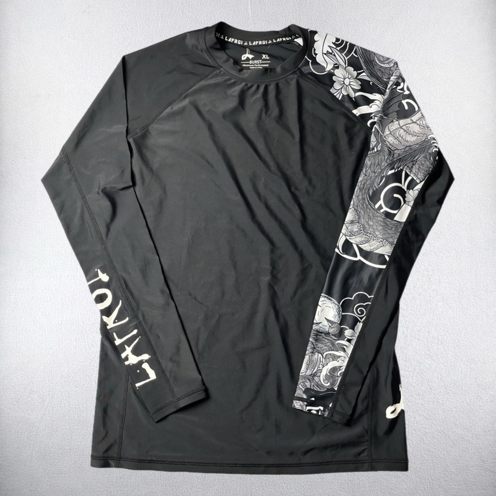 Lafroi Rash Guard Men XL Black Long Sleeve Dragon Floral Graphic Performance Top